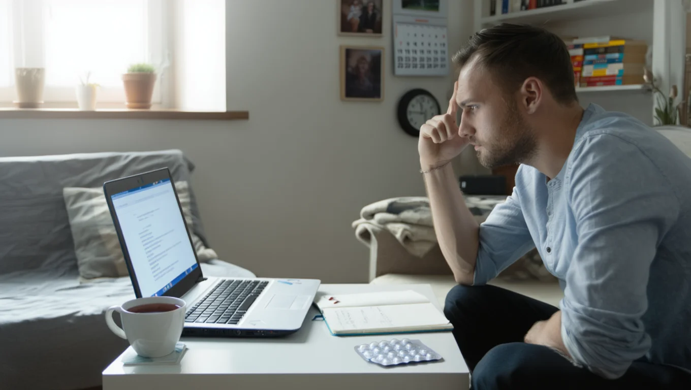 Человек работает за ноутбуком и переживает
