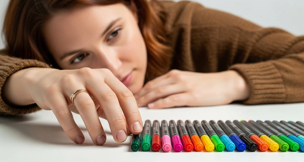 Девушка раскладывает ровно в ряд предметы